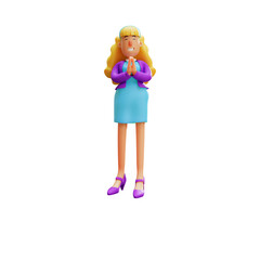 3D illustration. 3D Cute Business Woman Cartoon Character holding her hand. with closed eyes pose. showing a cute smile expression. 3D Cartoon Character