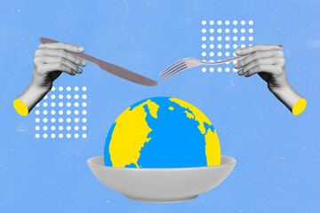 Creative trend collage of hands holding fork knife tableware ready cut eat mini planet earth globe...