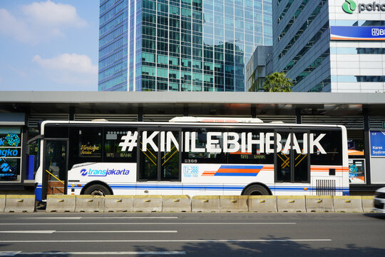 Jakarta, Indonesia - June, 2022 : TransJakarta (often erroneously called Busway) is  bus rapid transit (BRT) system in Jakarta, Indonesia. Primary routes and cross corridor.  Electric buses. Sudirman.