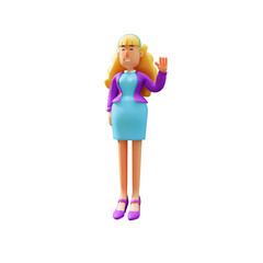 3D illustration. 3D Cute Business Woman Cartoon Design Waving Hand. with a standing pose using pretty shoes. showing a happy smile. 3D Cartoon Character