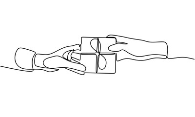 Continuous line drawing of two hands holding gift box with ribbon. continuous line drawing of hand Hands giving gift box. One line couple in love. Christmas present giving. holiday celebration