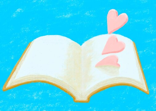 パステル風で、開いた本からピンクの可愛いハートが3つ飛び出ている背景素材