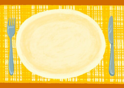 パステル風で、黄色のチェックのランチョンマットにお皿とナイフとフォークの背景素材