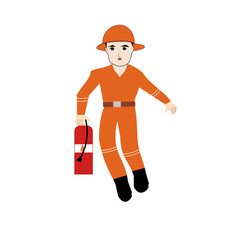 A male firefighter holding a fire extinguisher on a white background.