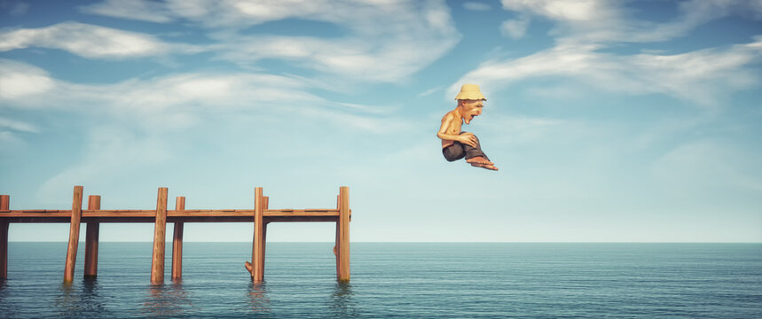 Old man jumps in the ocean. Happiness and joyful concept.
