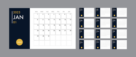Calendar template for 2023 year. Planner vector diary in a minimalist style. Corporate and business calendar template. Day planner for records throughout the year. Week start on Sunday