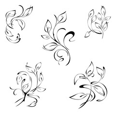 stylized decorative twig with leaves and curls. graphic decor. SET