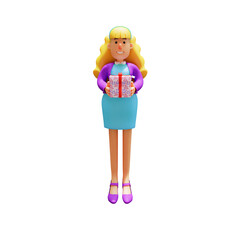 3D illustration. 3D Illustration of Cartoon Business Woman with Gift. holding a large prize with both hands. with a happy laughing expression. 3D Cartoon Character
