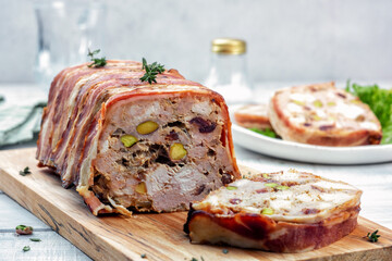 Terrine of pork with pistachios, cherries, chicken and bacon