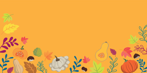 Autumn vegetables and leaves doodle background - flat design banner vibrant colors - floral seasons design