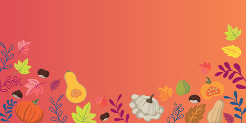 Fototapeta na wymiar Autumn vegetables and leaves doodle background - flat design banner vibrant colors - floral seasons design