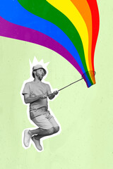 Photo artwork minimal picture of funny funky guy catching scoop colorful rainbow isolated drawing background