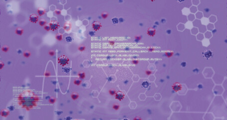 Image of dna rotating amides coronavirus with data, hexagons on digital interface