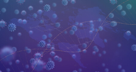 Fototapeta na wymiar Image of virus cells over dna on blue background