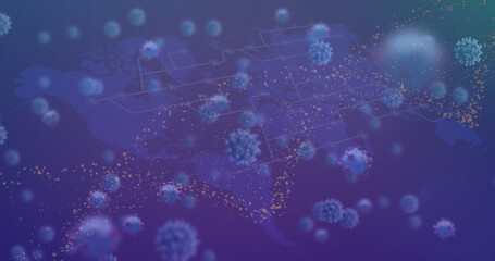 Fototapeta na wymiar Image of virus cells over dna on blue background