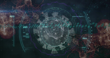 Image of globe coronavirus cells over man wearing face mask