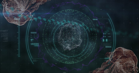 Image of globe coronavirus cells over man wearing face mask