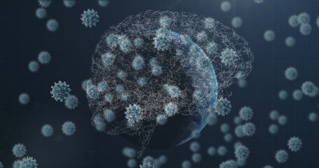 Image of coronavirus moving around globe and human brain on digital interface