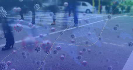 Image of dna, coronavirus with time lapse of multiracial people on city street