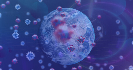 Obraz na płótnie Canvas Image of coronavirus moving around globe on digital interface