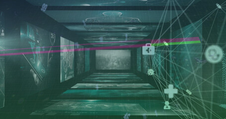 Image of digital signs moving in highly equipped space