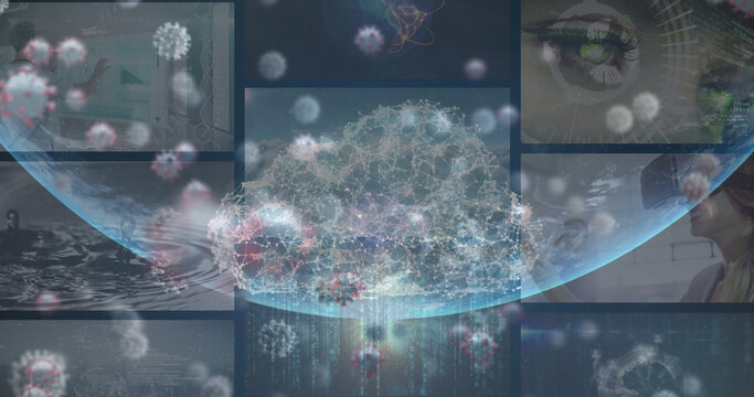 Image of multiracial people analyzing covid-19 data processing with globe on digital interface