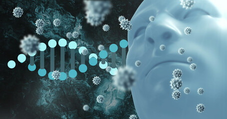 Image of virus cells and dna over human face model and black background