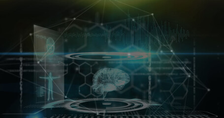 Image of connections and scientific data on black background