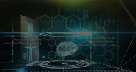 Image of connections and scientific data on black background