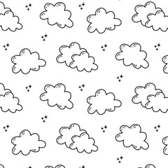Seamless pattern with clouds. Doodle style. Vector illustration. Print on children's fabrics.