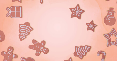 Image of gingerbread spinning at christmas over beige background