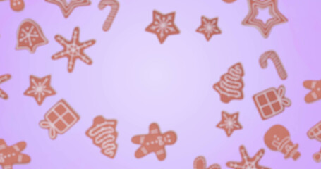 Fototapeta na wymiar Image of gingerbread falling at christmas over blue background