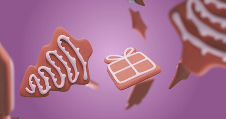 Image of gingerbread falling at christmas over purple background