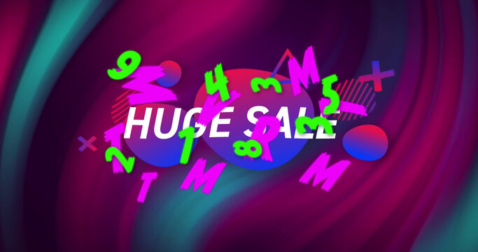 Image of text huge sale, with colourful letters and numbers, over swirling dark pink and blue