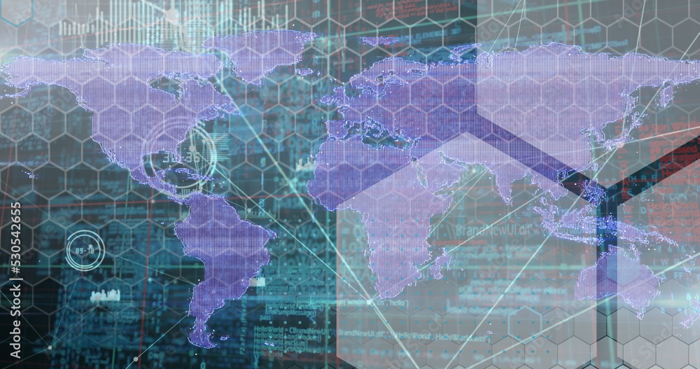 Poster image of financial data processing over spinning globe and world map