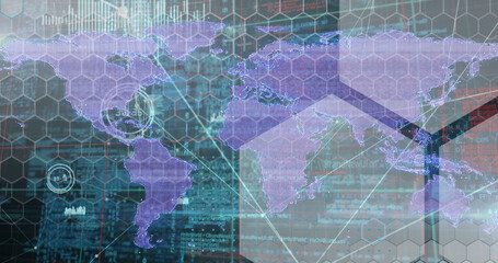 Image of financial data processing over spinning globe and world map