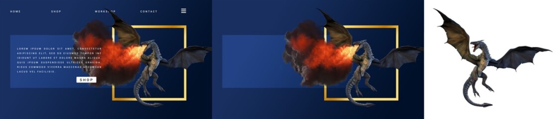 Dragon website header mockup. Ultra-high-resolution 57 Mpx Ice dragon 3D rendered with transparent background. Change the background and make your header easily, like the left sample image.  © Dream Expander