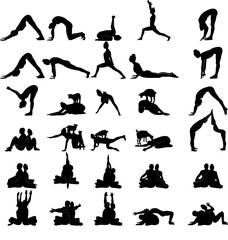 Collection of black silhouettes of partner yoga and solo yoga and yoga with goats.