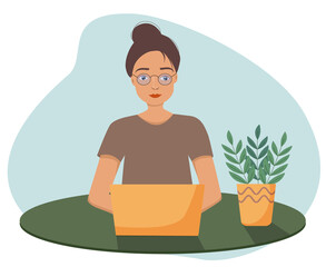 A beautiful girl in glasses sits at a table, a workplace. Programming on a laptop. Flat illustration.