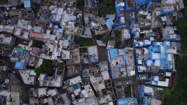 Incredible aerial top down 4K view of blue city housing of Jodhpur, India.