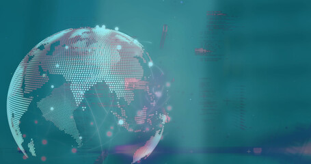 Image of data processing and globe over blue background