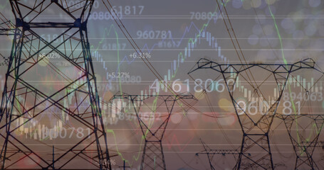 Image of financial data processing over clouds and sky