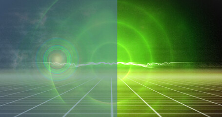 Digital image of green and purple light trails against black background