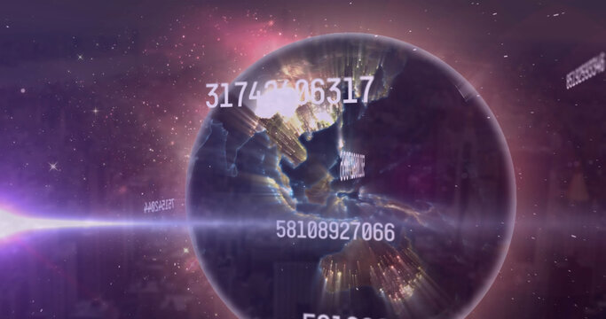 Image of numbers changing with globe and network of connections