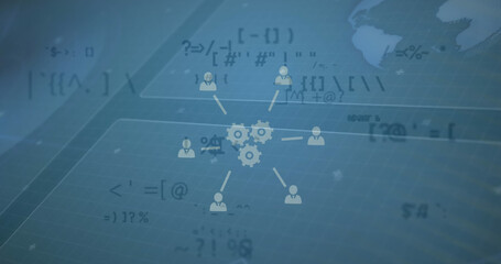 Image of network of connections with icons and data processing over blue background