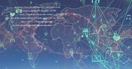 Image of globe with network of connections and data processing over blue background