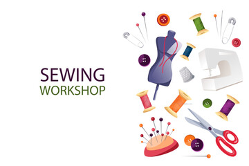 Design of a banner or a web page of a tailoring studio, a fashion designer's studio, a tailor.A set of tools for sewing and repairing clothes.Sewing equipment.