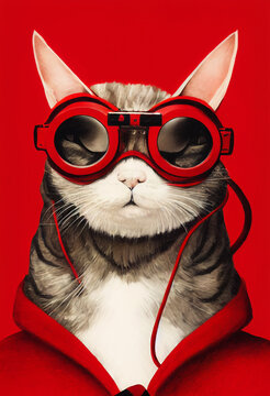 Boss like cat wearing red goggles on red background, digital illustration