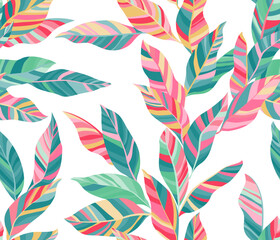 Striped leaves tree branches vector seamless pattern summer fasion textile print design. © SunwArt