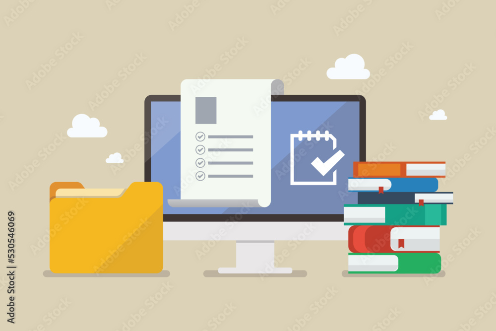 Wall mural computer monitor with folder and stack of books